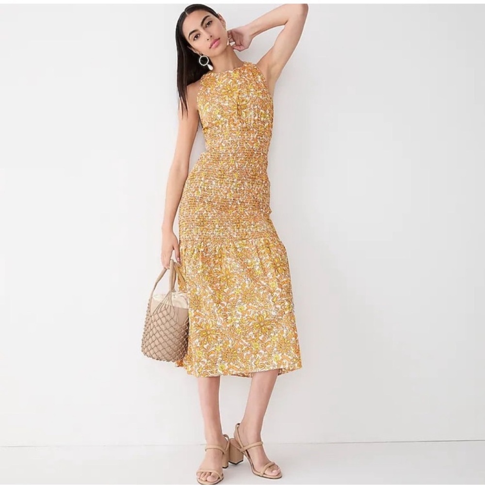 J Crew Collection Smocked Cross Back Dress in Medallion Floral Midi - Picture 3 of 8
